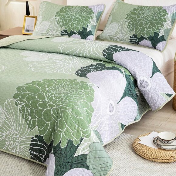 New Sage Green Bohemian Floral Quilt Set • 3 PC • KING Size - Picture 3 of 6